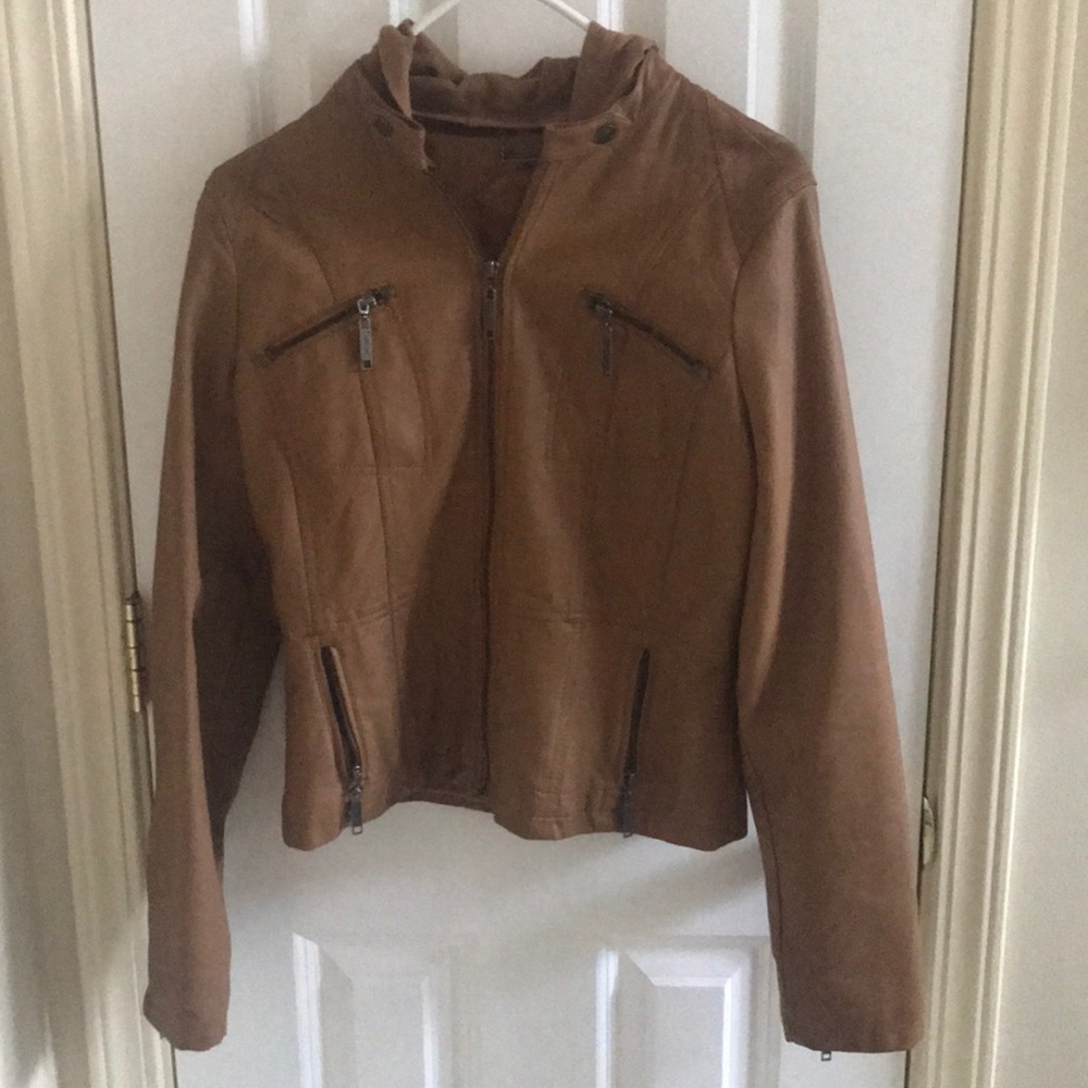 Brown Faux Leather Jacket with Removal hood Size M